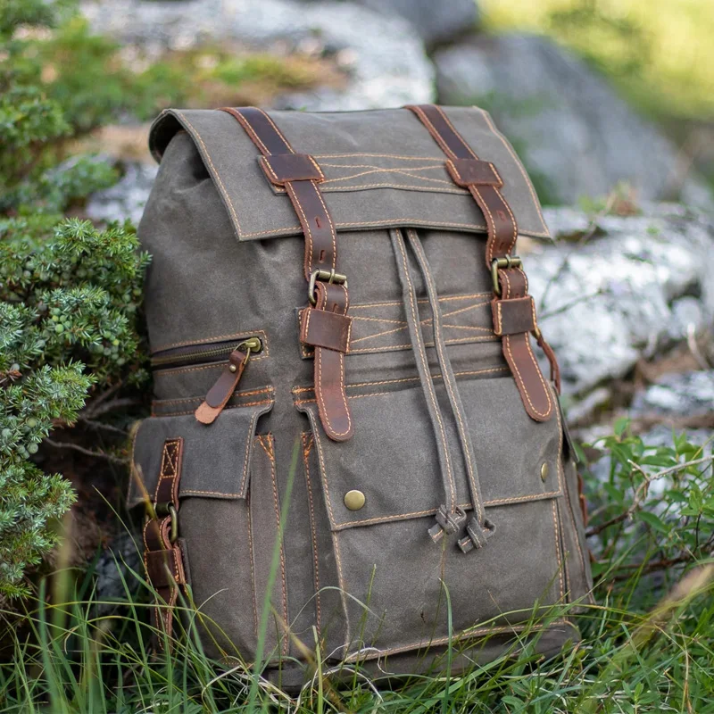 Vintage waxed canvas men\'s backpack casual laptop backpack large capacity travel rucksack