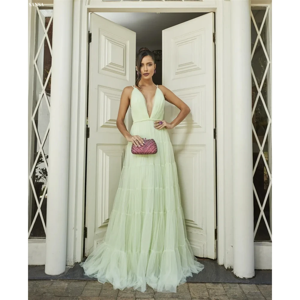 

Sansa Индивидуальные светло-зеленые многослойные плиссированные платья трапециевидной формы для выпускного вечера с открытой спиной и v-образным вырезом Vestidos De Noche длиной до пола, торжественное вечернее платье