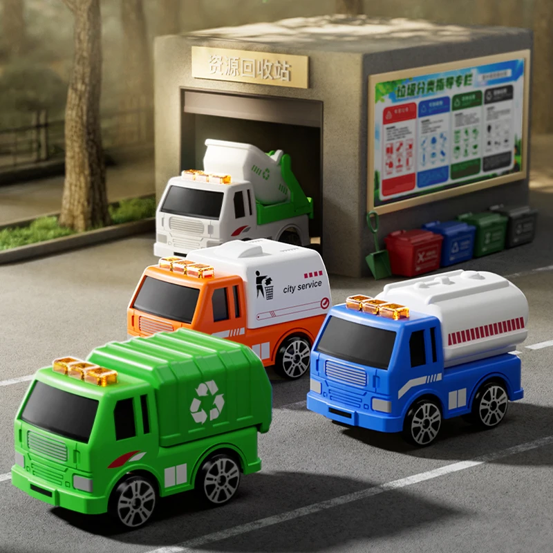 Front Loader Recycling Toy Garbage Trucks Garbage Car Toys for Boys Pull Back Inertial Garbage Vehicle with 4 Trash Cans