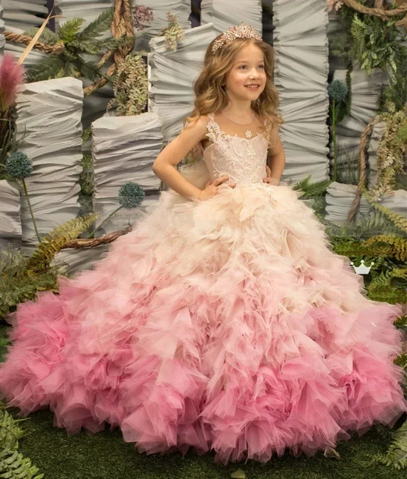 JDY Custom Made Pink Girls Princess Dress Lace Puffy Flower Girl Dress Sleeves Cute Girls Birthday Dress Wedding Party