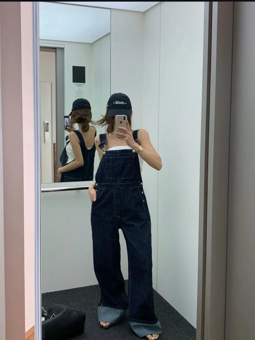 

Loose Women's Denim Overalls Dongda Gate Sle High Waist Straight Leg Cotton Trousers with kets Folded Cuff Casual Pants