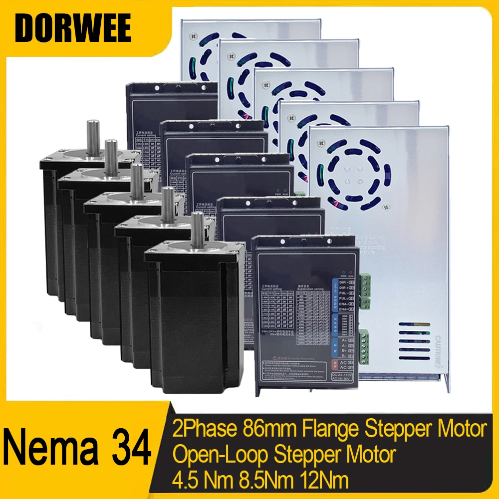 

1-5 Axis Nema34 Stepper Motor Drive Power Kit 4.5/8.5/12NM 86mm 2PH 6A 14mm Shaft Motor for CNC Router Single Axis Robotic Arm
