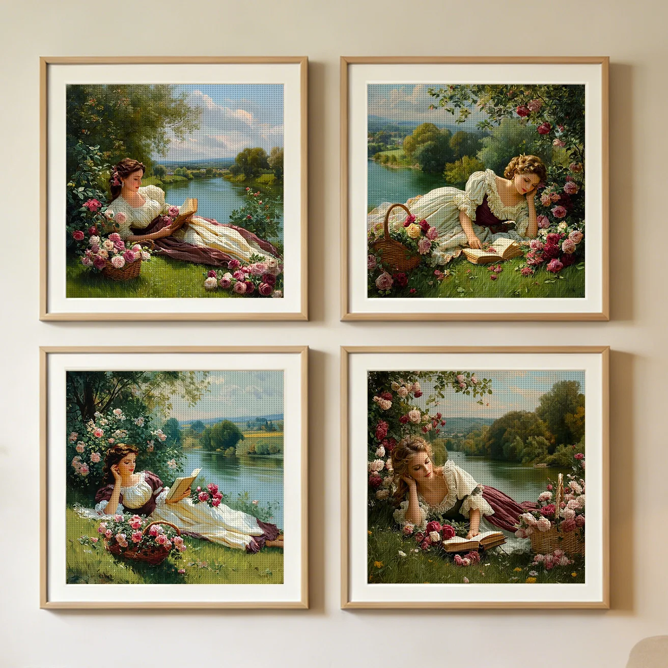 

Roses & Reading lady Cross Stitch Kit DIY 11CT Embroidery Home Wall Decor Gift Handmade Material Frameless Semi-Finished 36×36cm