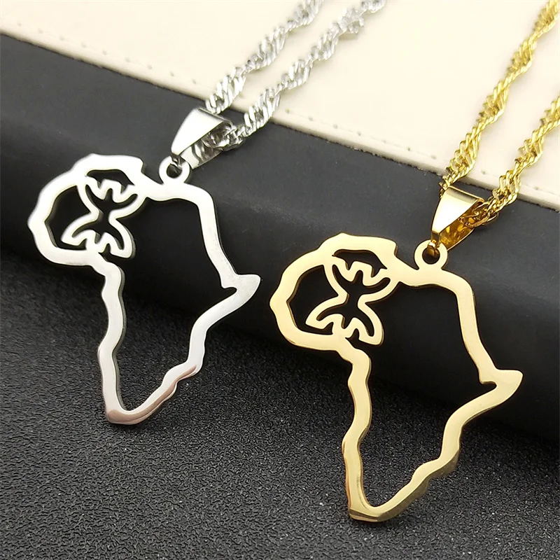 African Map Berber Amazigh Chain Necklaces for Women Men Stainless Steel Gold Color Amulet Necklace Jewelry collier 8092-QKC