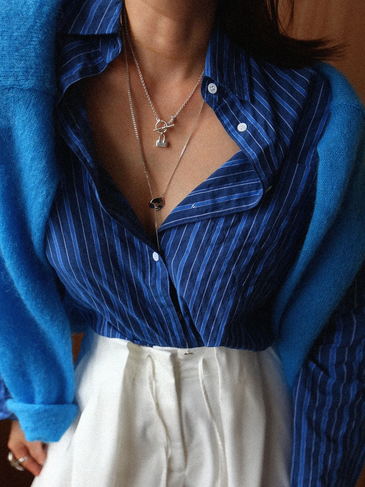 

Wuu2 Ideal State Blue Striped Loose Fit Long Sve Women's irt Inner Wear Autumn Season Commute Sle Simple Design