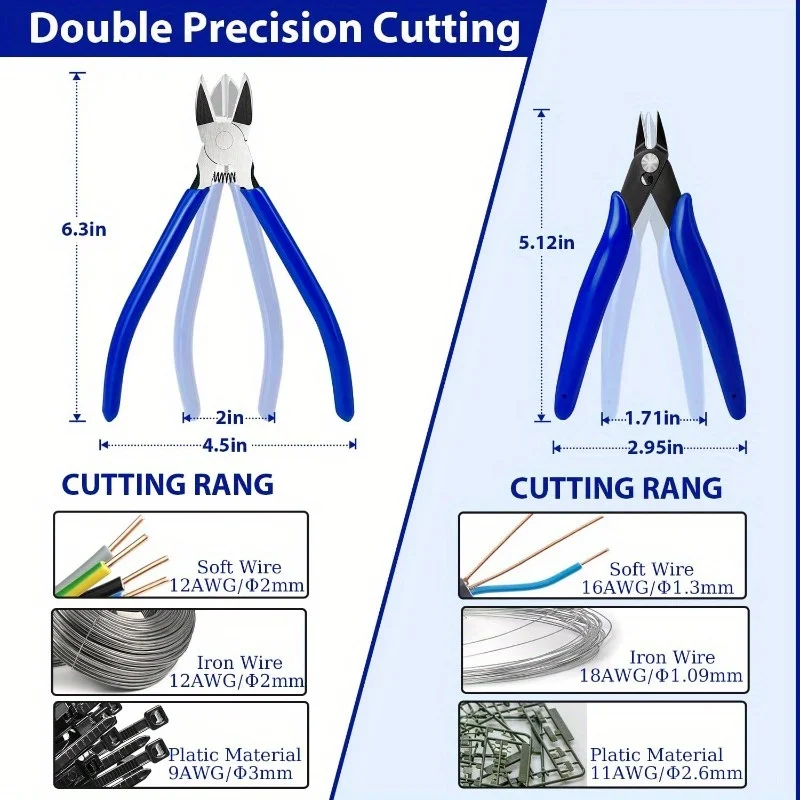 2 Pack Precision Flush Cutters 5+6 Inch Blue High Carbon Steel Wire Snips for Jewelry Electronics 3D Prints Crafts Cutting