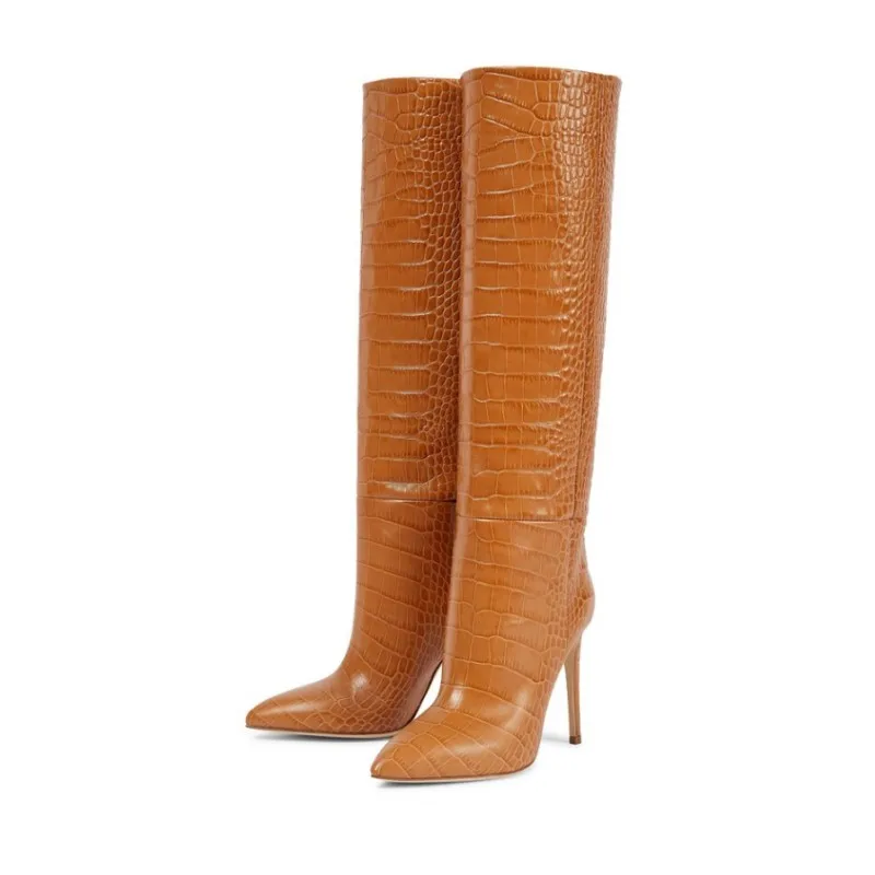 2024 Winter New Fashion Crocodile Pattern Knee Boots Solid Color High Heels for Women Elegant Pointed Big Size Shoes 43 45