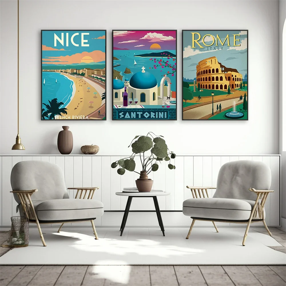 1pc frameless Canvas Painting Europe Nice Paris Moonlight Travel Art Poster Amsterdam Lisbon Print Cartoon Illustration Canvas P