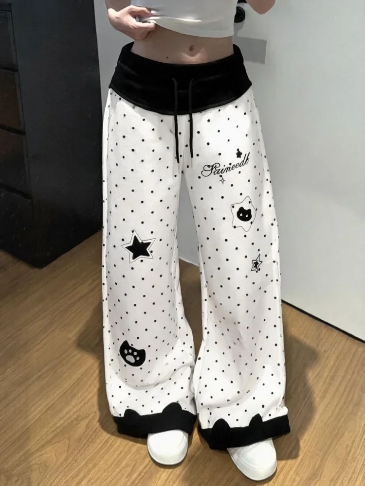 Japan Style Cartoon Print Polka Dot Patchwork High Waist Wide Leg Pants Women Clothing Sweet Kawaii Girl Cutecore Y2k Trousers