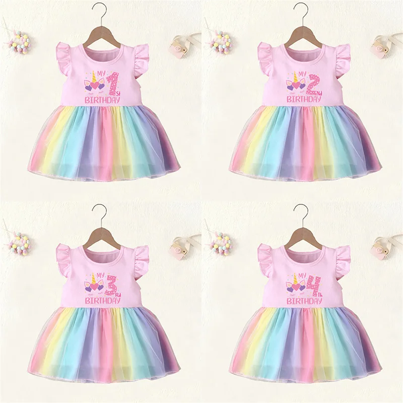 

Baby Girl Clothes Age 1 2 3 4 Years Birthday Dress Cartoon Unicorn Cute Princess Vestidos Toddler Girls Rainbow Mesh Dresses