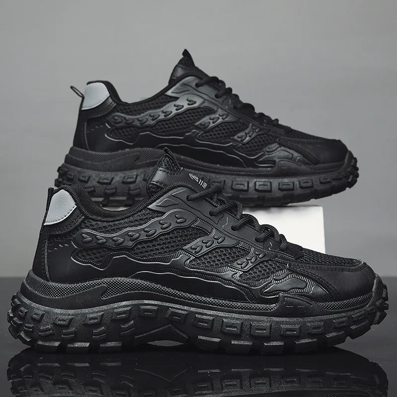 

Мужская зимняя дышащая износостойкая нескользящая рабочая обувь с подошвой в шинах, черная спортивная модная обувь для папы, увеличивающая рост