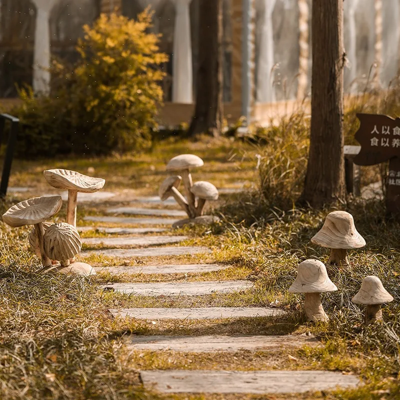 Wooden three headed mushroom handicraft Decorative ornaments for courtyard landscaping Outdoor garden layout landscape