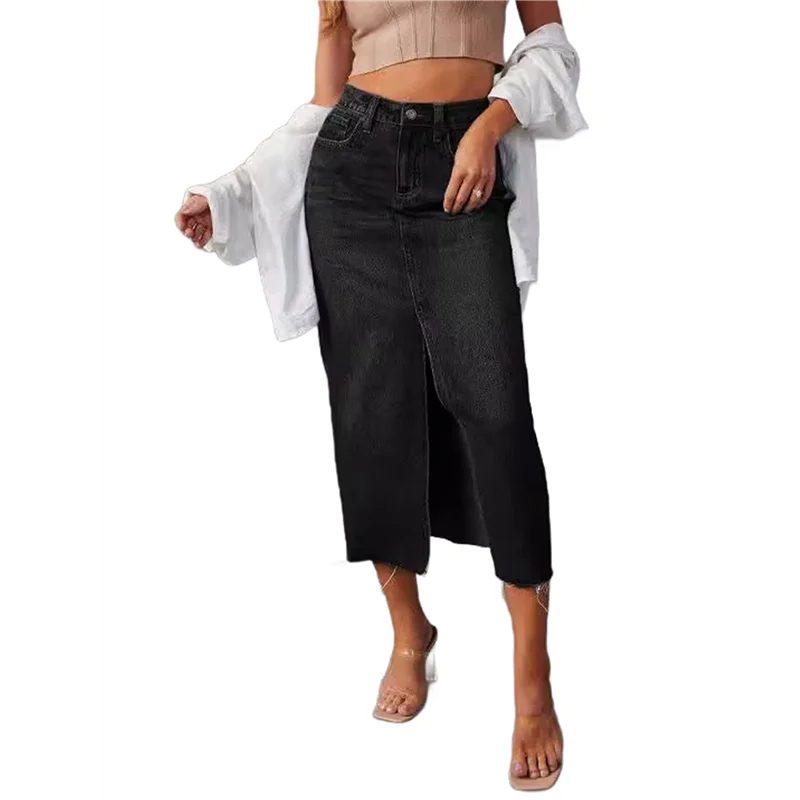 

ABRT-Женская джинсовая юбка, эластичная джинсовая юбка-миди с высокой талией и потертым необработанным подолом, с карманами