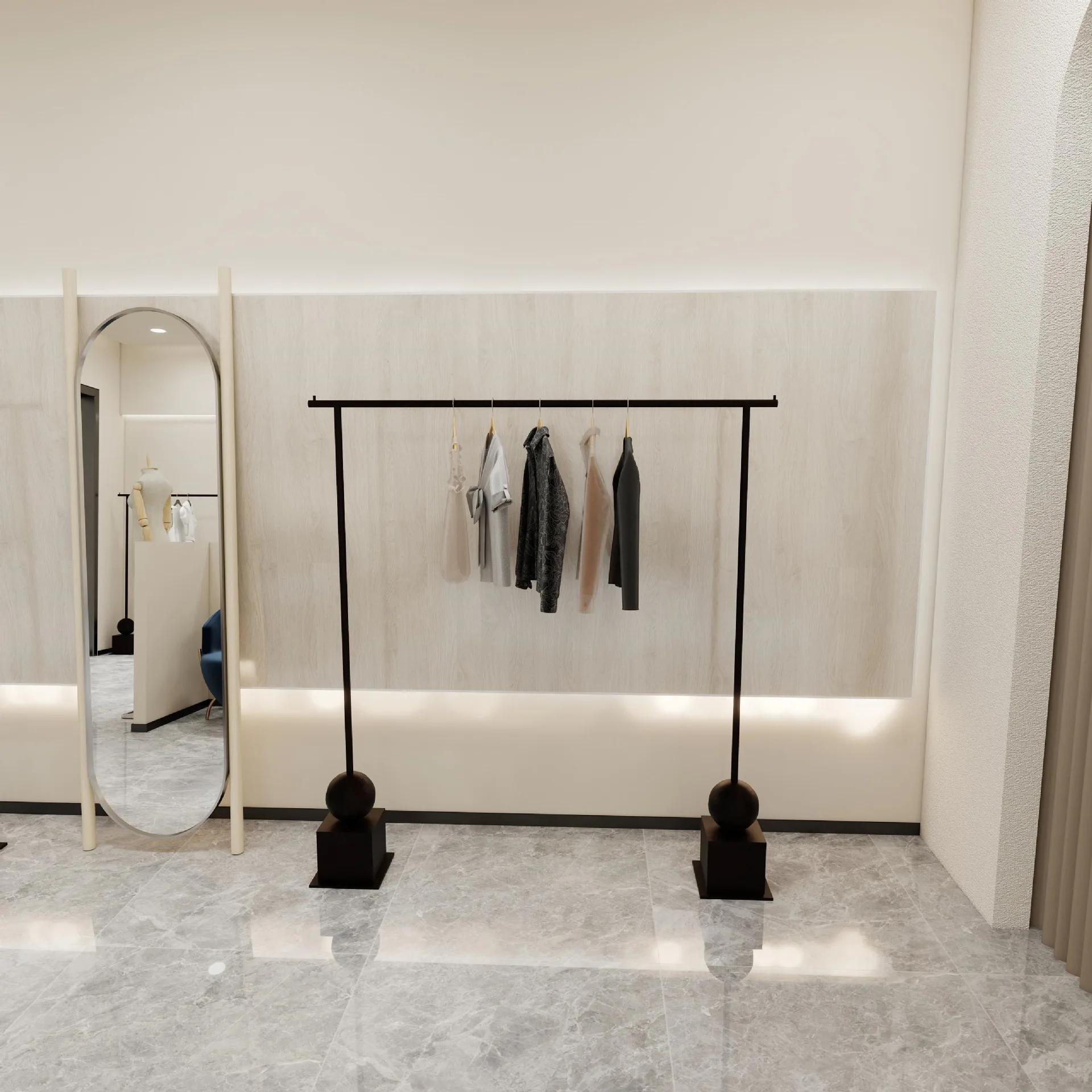 women's-clothing-store-simple-nakajima-floor-to-ceiling-display-rack-wrought-iron-black-shelf-bedroom-clothes-display