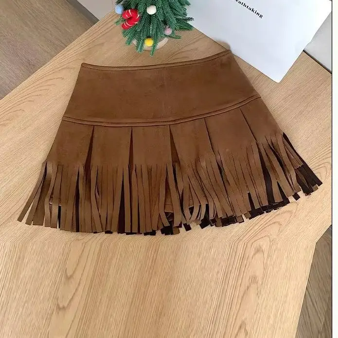 Retro Spice Girl Suede Pleated Skirt  Autumn and Winter New High Waist Anti-light Fringe Fashion Skort Short Skirt Women