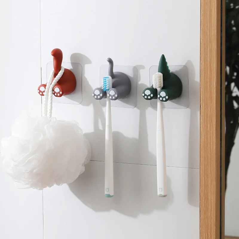 Wall Mounted Toothbrush Holders Multi-Purpose Animal Tail Hooks Cute Kitchen Bathroom Storage Rack Cable Holder Organizer