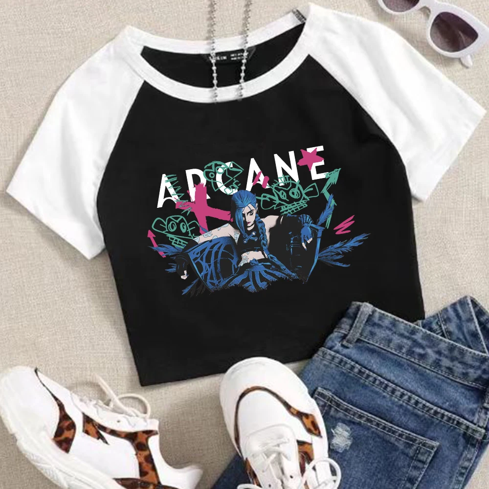 Jinx Arcane Poster Girls Crop Shirts Color blocked short sleeves O-Neck Top