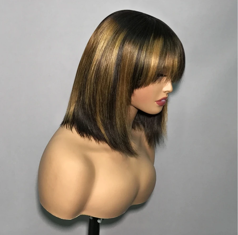 180D Straight Highlight Bob Wig Brazylijska peruka z ludzkich włosów z grzywką dla czarnych kobiet Remy Hair Full Machine Made Tanie peruki