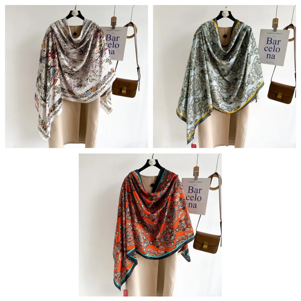 Luxury Flower Silk Scarf Shawls Soft Thin Satin Neck Scarves Sunscreen Large Beach Hijab Dress Decor