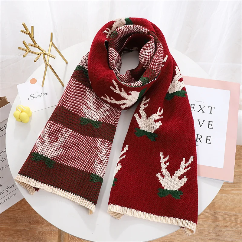 Christmas Scarf Women Fashion Warm Fawn Woolen Knitted Scarf Double-Sided Scarf Festive Red Dark Green Lovely Scarves Shawls