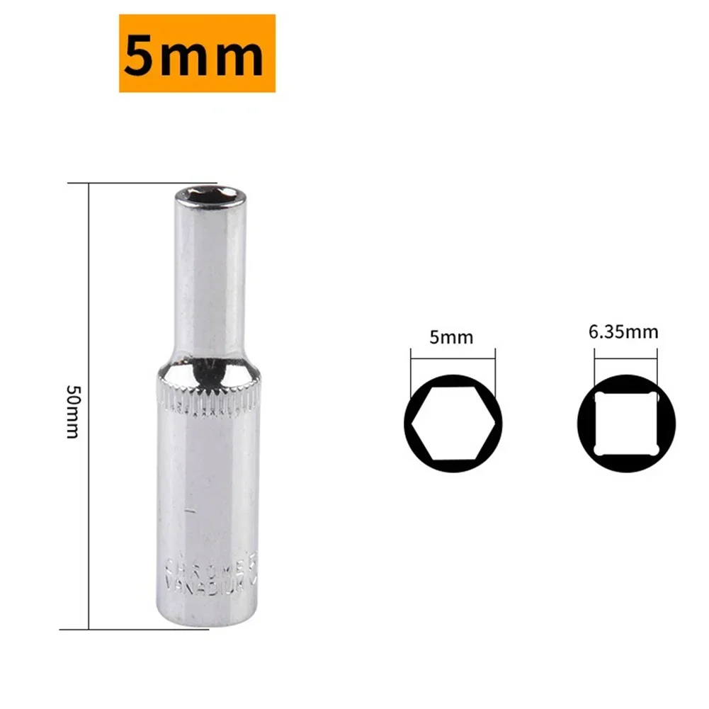 1 Stuk 1/4 Hex Diepe Socket 50Mm 4-14Mm Anti-Corrosie Chroom-Vanadium Stalen Koppen Ratel Gereedschap Handgereedschap Moersleutels