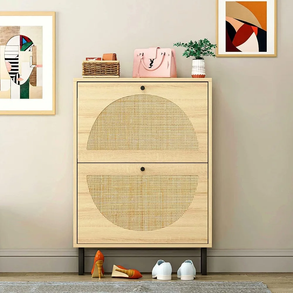 زوج من خزائن الأحذية الروطانية مع أدراج مزدوجة قابلة للطي، رف من طبقتين لتخزين أنيق للكعب والأحذية والأحذية والشباشب والمزيد