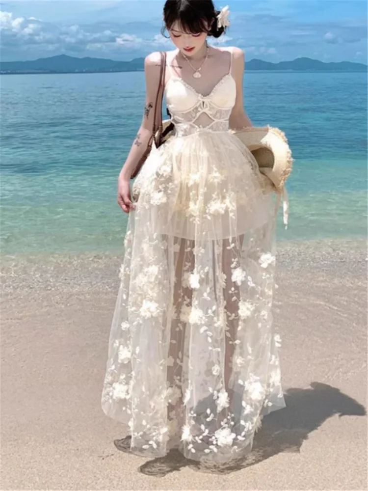 Abito lungo sexy con scollo a V scavato, per le vacanze estive, con spalline in pizzo, abito lungo con ricamo floreale, spiaggia, fata al mare, abito con bretelle a linea