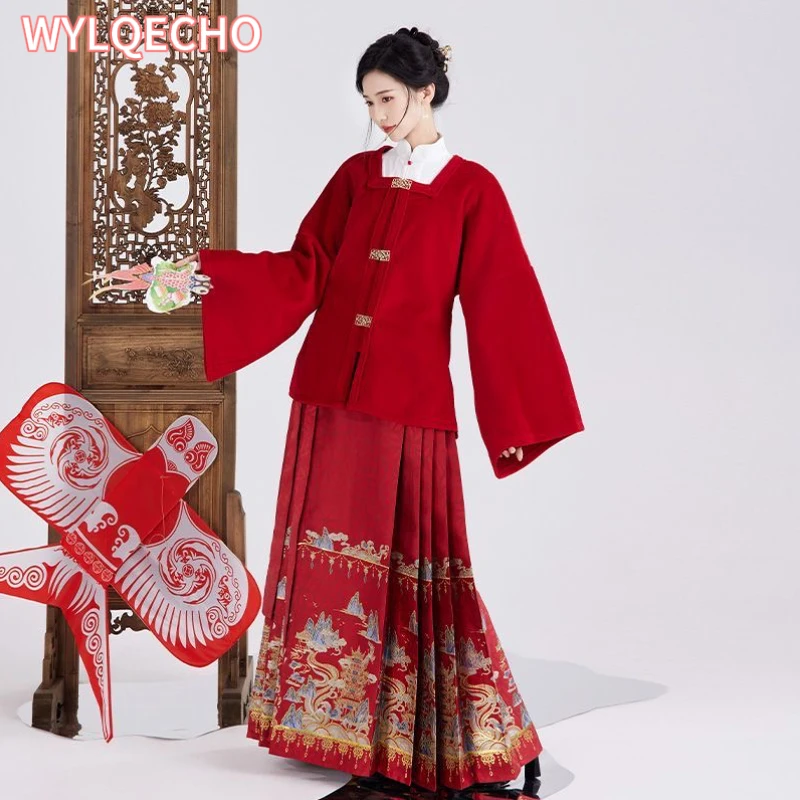 Hanfu Geweven Paardengezichten Rokken Rood Pak Verbetering 2023 Lente Zomer Hanfu Damesrok Femme Nieuwjaar Kledingpak