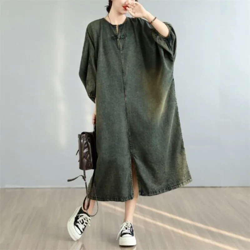 SuperAen Vintage Long-sleeved Korean-style Denim Loose Long Dress for Women Oversize Simple Pullover O-neck A-line Dress