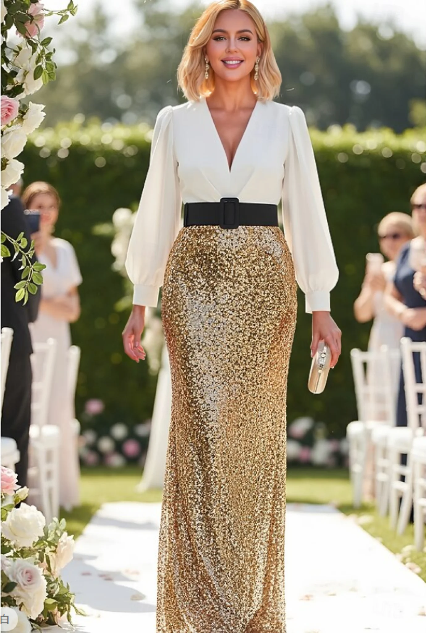 

Платье-футляр / колонна длиной до пола, с пайетками, с длинным рукавом и V-образным вырезом, элегантное атласное платье с пайетками для матери невесты с поясом / лентой