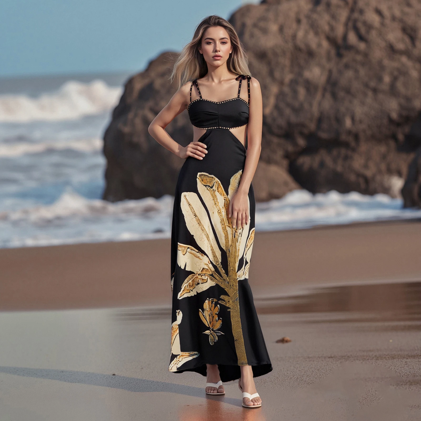 2025 verão sexy boêmio suspender floral impressão vestido longo feminino sem mangas gravata ombro recorte fino ajuste vestidos