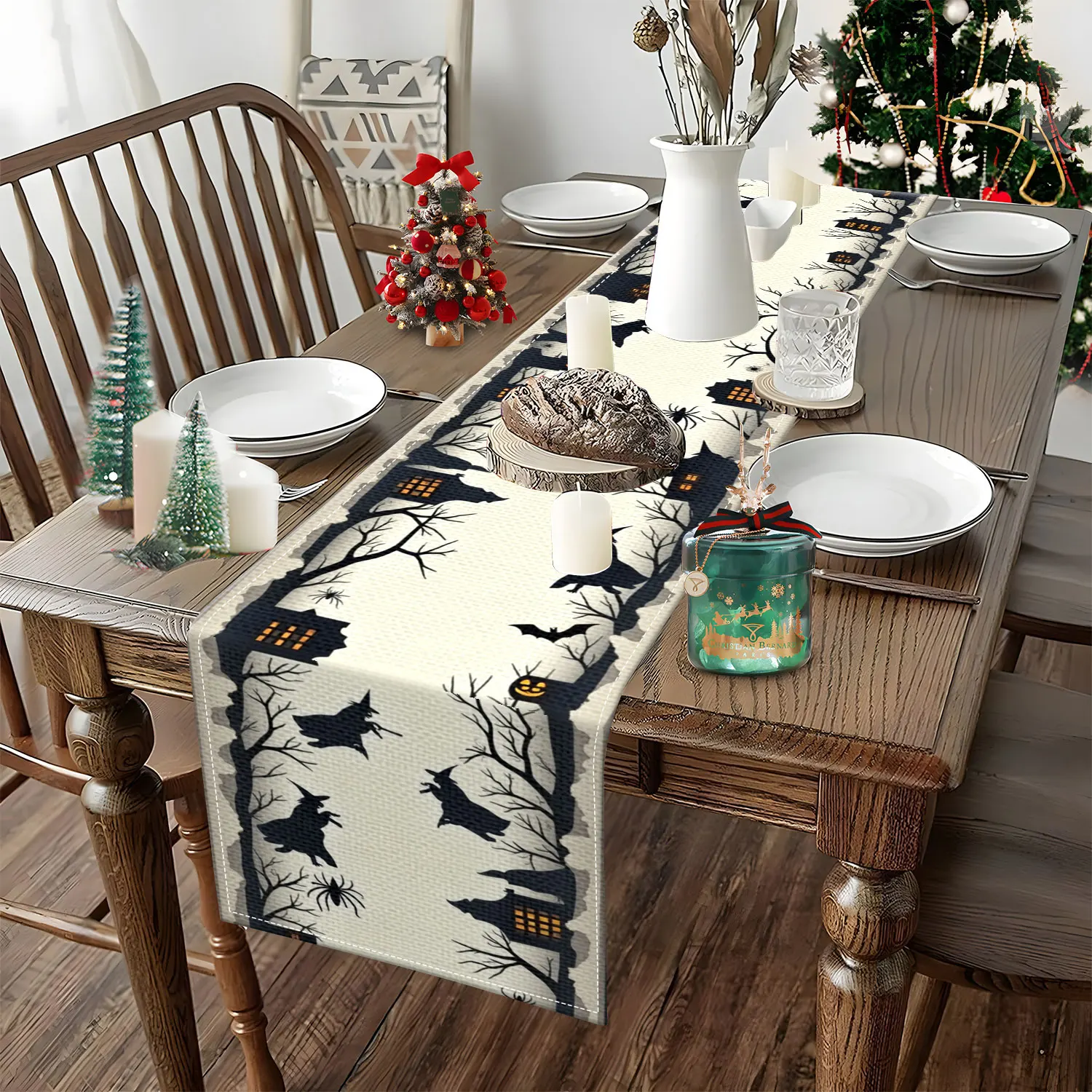 قطعة واحدة من مفرش الطاولة بطابع الهالوين مع أنماط الساحرات والقرع والخفافيش وما إلى ذلك، مناسبة لحفلات العطلات ومشاهد الديكور المنزلي #4