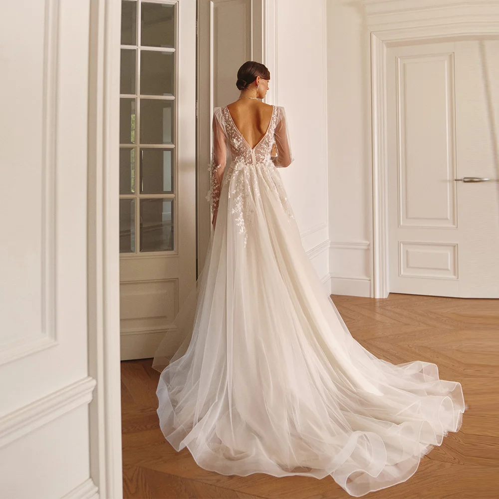 Sexy scollo a V maniche lunghe abito da sposa da donna splendido a-line tulle abiti da sposa lunghezza lavaggio abiti da sposa personalizzato 2026