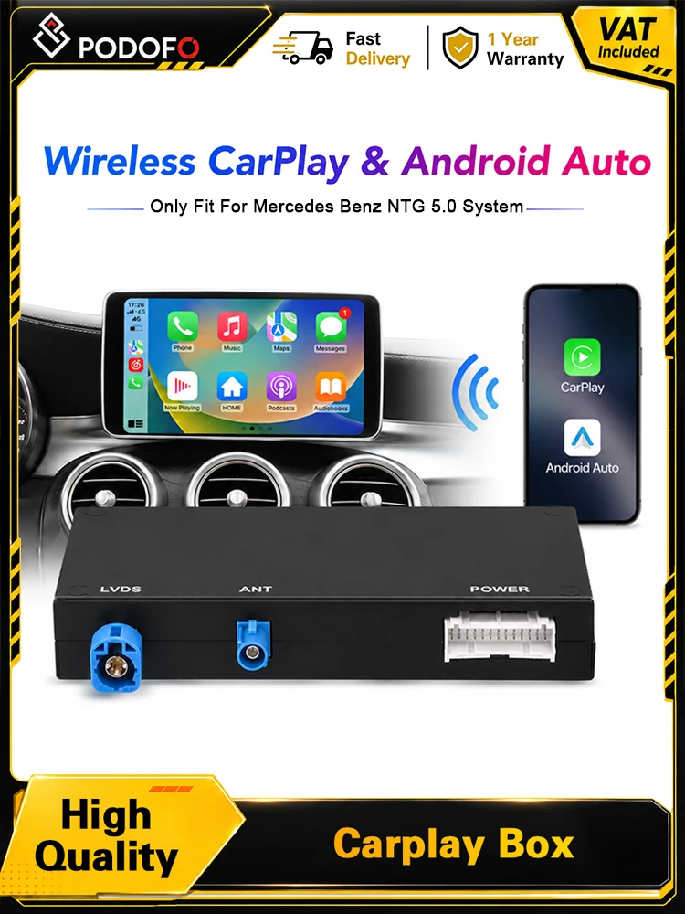 Podofo Carplay Decoder Box NTG5.0 Schnittstellenmodul Drahtloses und Kabelgebundenes CarPlay Android Auto für Mercedes Benz C W205 GLC X253 2015-2019 NTG5.0 NTG5.1 NTG5.2