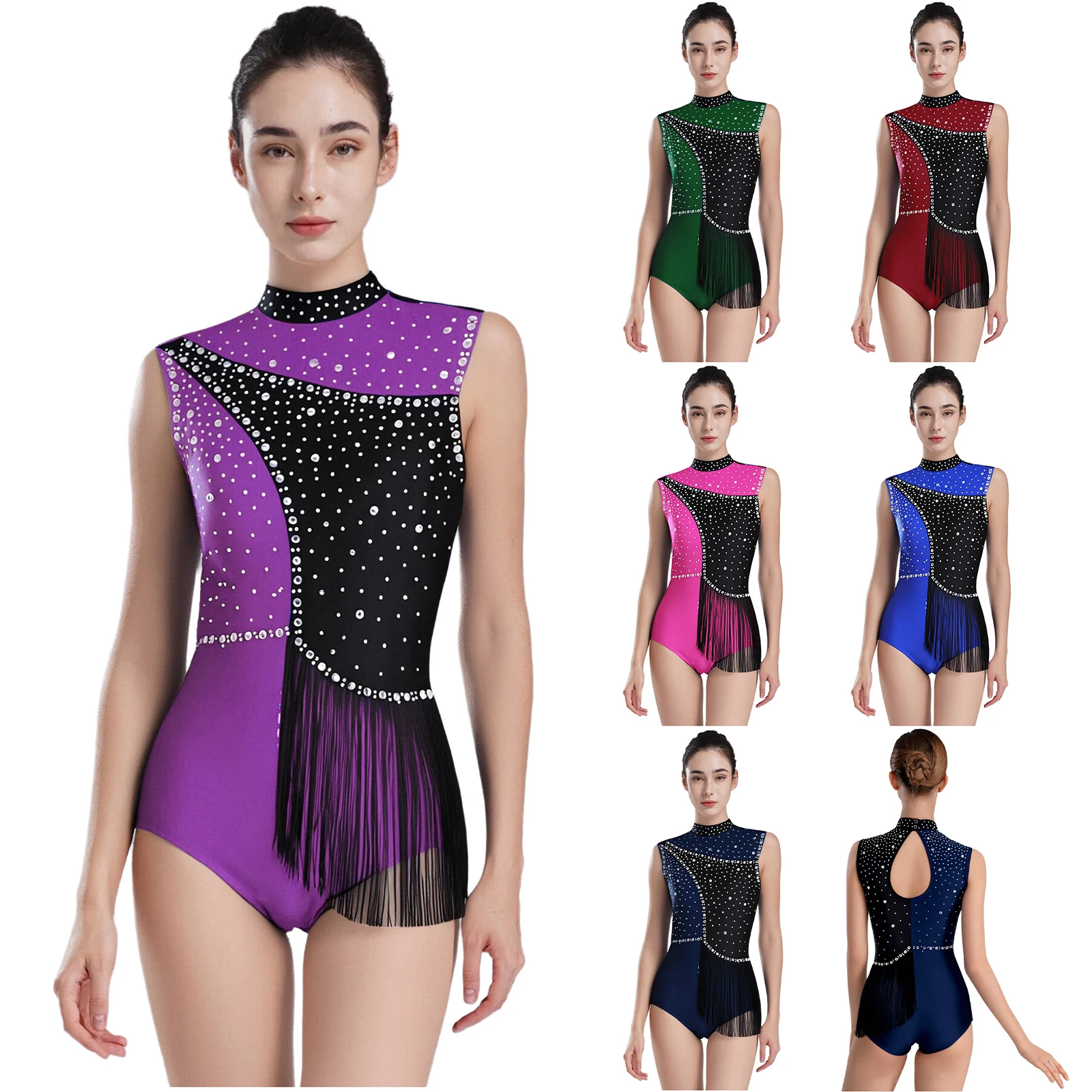 Womens Rhythmic Gymnastics Leotard Figuring Skating Acrobatics Costume Shiny Rhinestones Tassels Ballet Dance Jersey Bodysuit