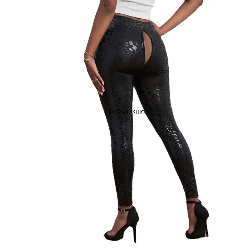 

Python Pattern Women's Stretchy Faux Leather Leggings Pants Sexy High Waisted Tights Invisible Crotch Open Boyfriend Trousers