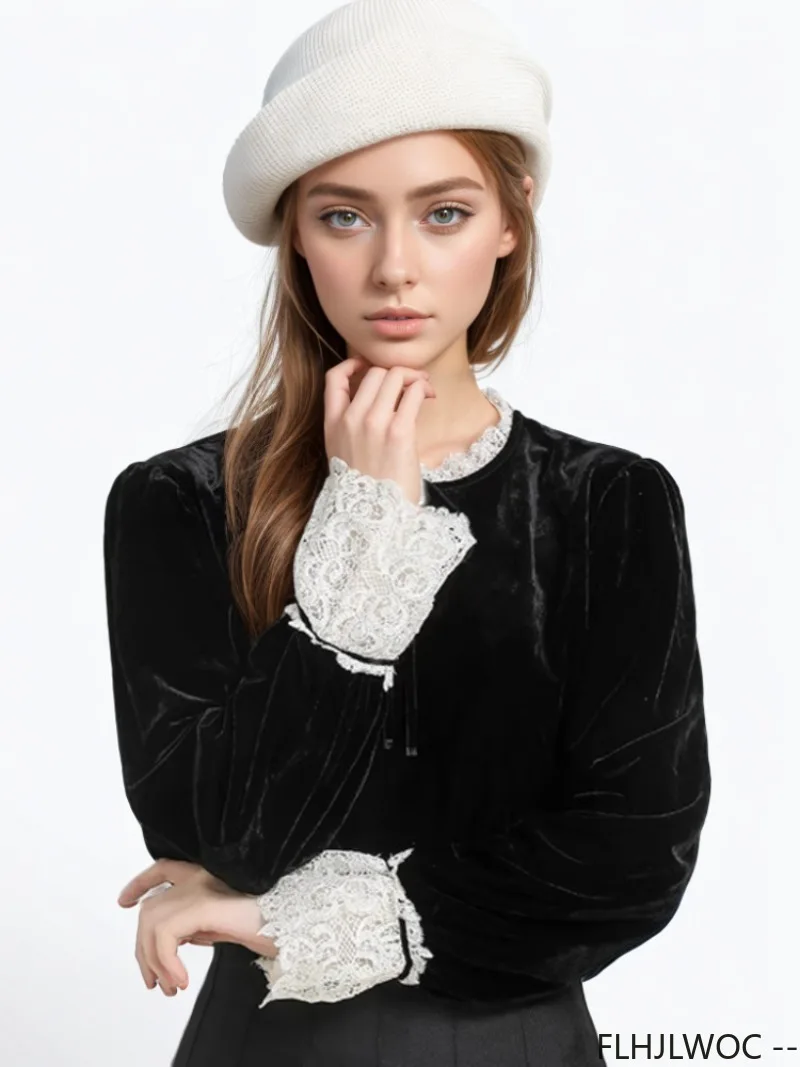 Black Velvet Women Autumn Winter 2024 New European Vintage Retro Long Sleeve Basic Shirts Girls Bow Tie White Lace Ruffles Tops