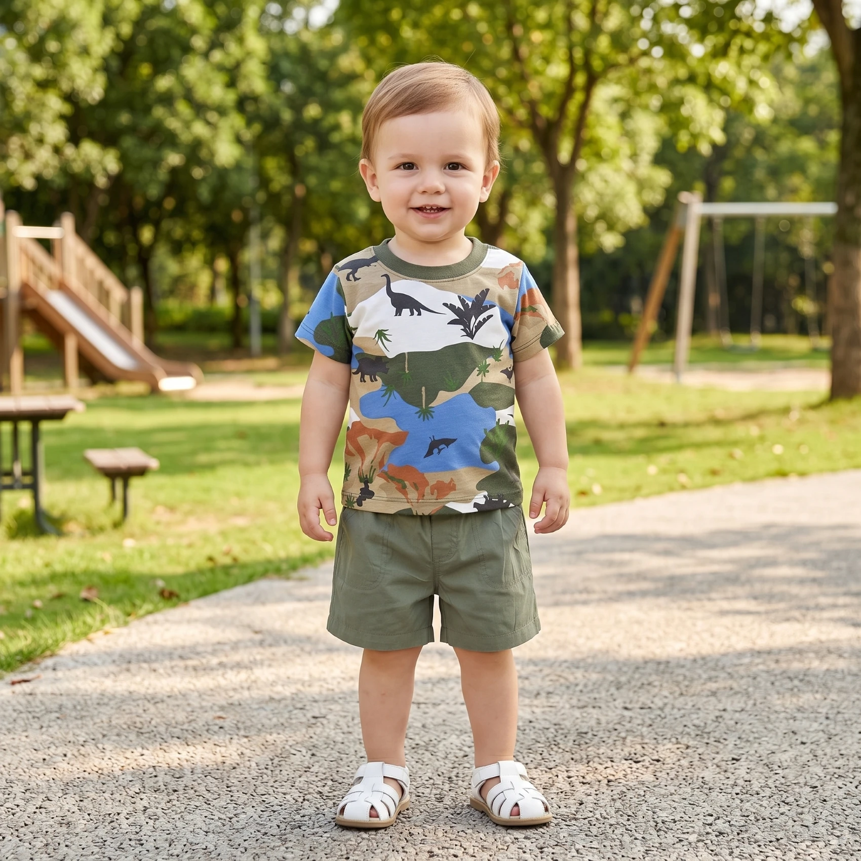 Summer Baby Boys 2Pcs Cotton T-Shirt & Shorts Set–Camo Dinosaur & Crocodile Print Plaid Shorts Casual Outfit for Infant 9M-3T