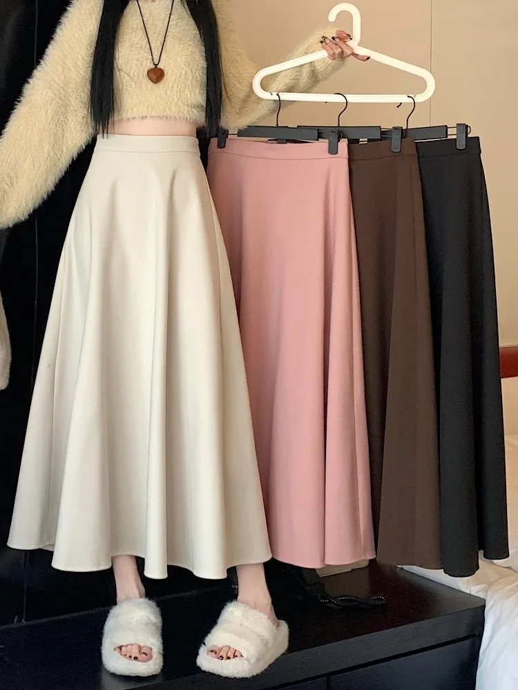 Pink Mid-Length Woolen A-Line Skirt Women's Autumn Winter Hip-Covering Slimming Drapey Umbrella Skirt High Waist A-Line Pleat...