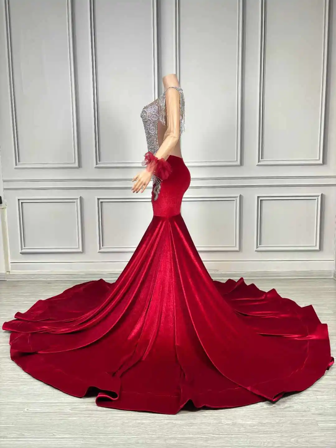 Luxury Mesh Sheer Rhinestone Floor Length Long Dress Mermaid Wine Red Stage Wear Women Birthday Wedding Queen Dressy Prom Outfit