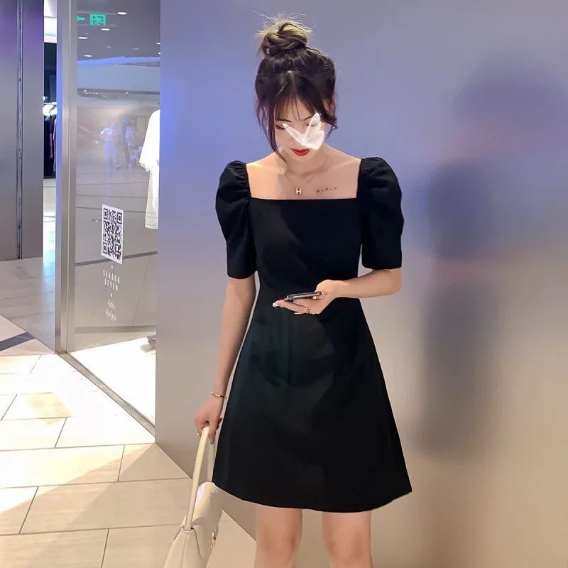 Summer Short-sleeved Dress for Women Korean Fashion Retro Square Neck Bubble Sleeve Black Dresses Waist Retraction Mini Dresses