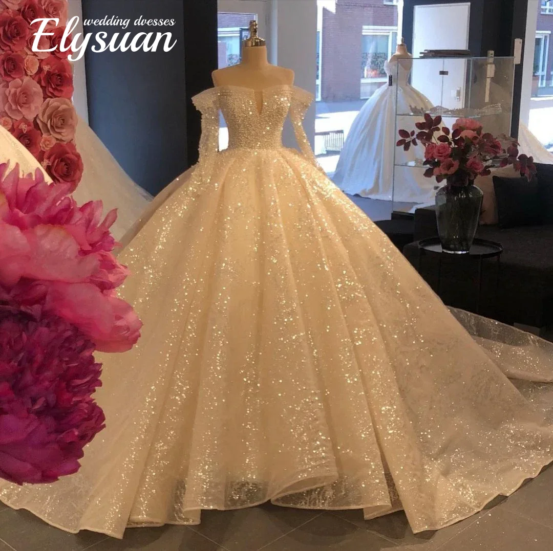 

Свадебное платье с длинными рукавами и блестками, с открытыми плечами, бальное платье с жемчугом и тюлем, роскошное свадебное платье Vestidos De Novia