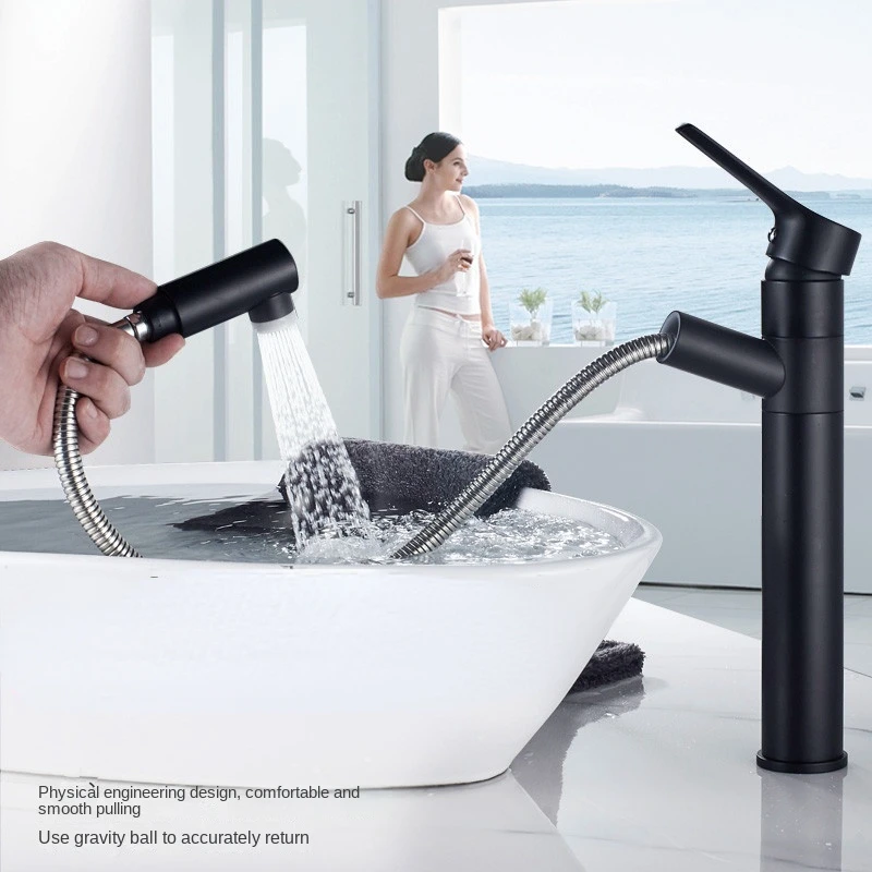 Above Counter Basin Faucet Pull-out Hot and Cold Heightening Black Bathroom Washbasin Sink Basin Faucet Retractable