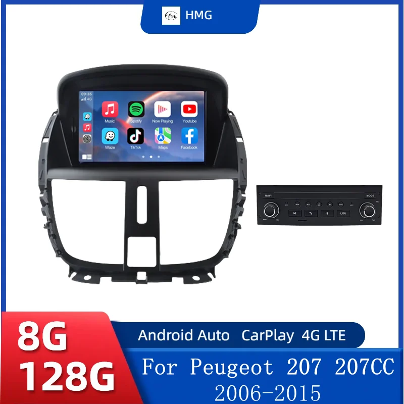 HMG Android 13 sans fil CarPlay Android Auto Radio pour Peugeot 207 207CC 2006 - 2015 4G voiture multimédia GPS autoradio DSP RDS dvd