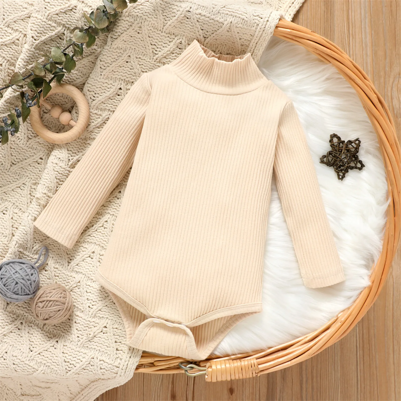 PatPat Baby Boy/Girl 95% Cotton Ribbed Turtleneck Long-sleeve Romper Soft and Comfortable Perfect for Outings and Daily Wear