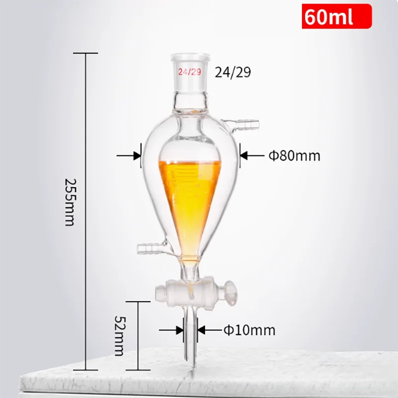 Thick double-layer jacket pear-shaped liquid separation funnel spherical liquid separation funnel glass piston with scale