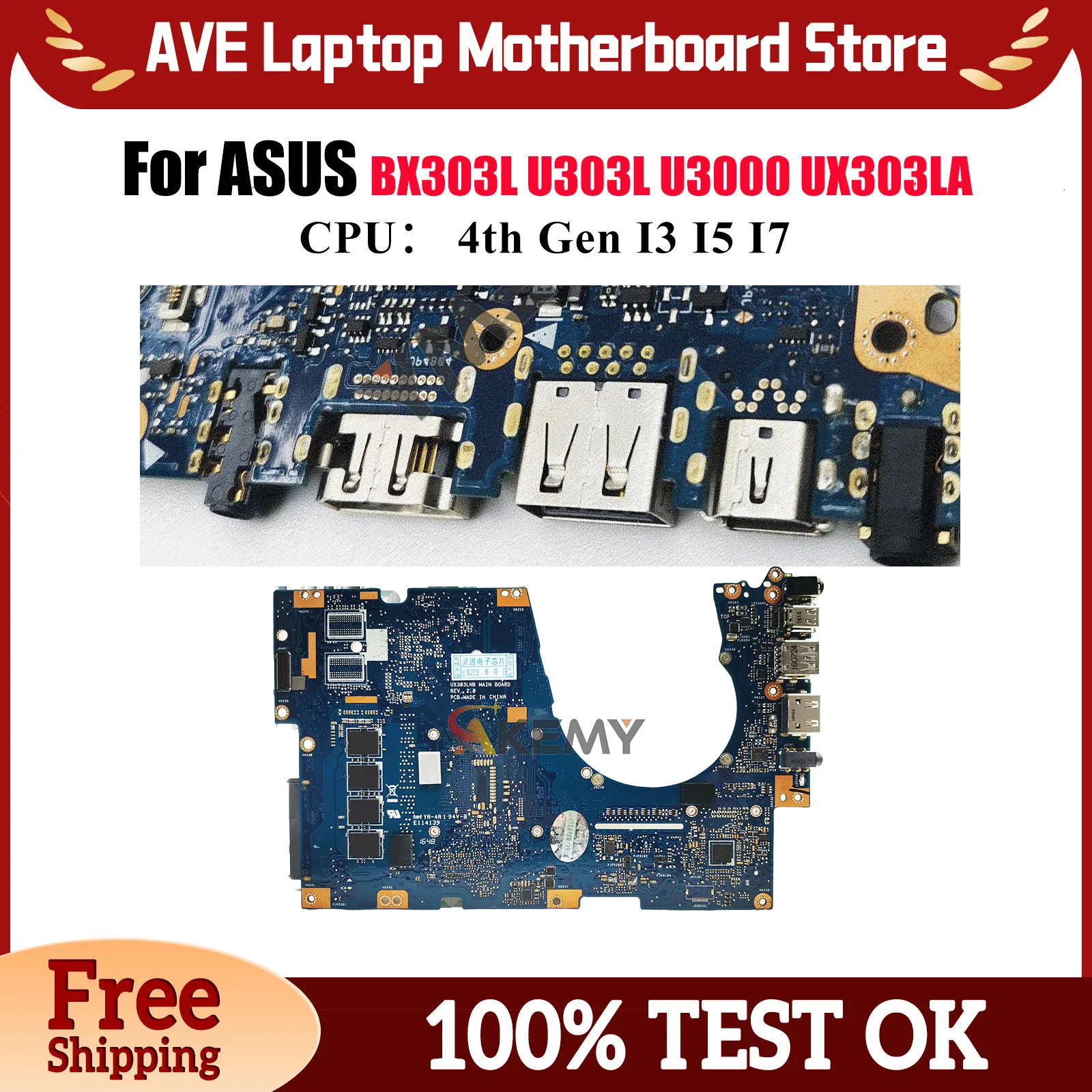 

Материнская плата для ноутбука ASUS ZenBook UX303LA UX303LN UX303LNB UX303LA U303L UX3000 UX303L BX303L UX303LB с процессорами I3 I5 I7
