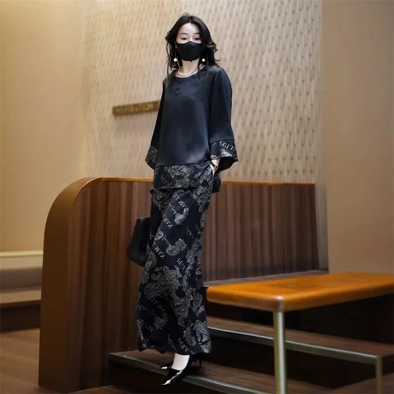 Summer Women Loose Satin Outfit Korean Ladies Leisure Seven Divide Sleeve Pants Two-piece Suit 2025 Female Large Size 4XL 2PCS