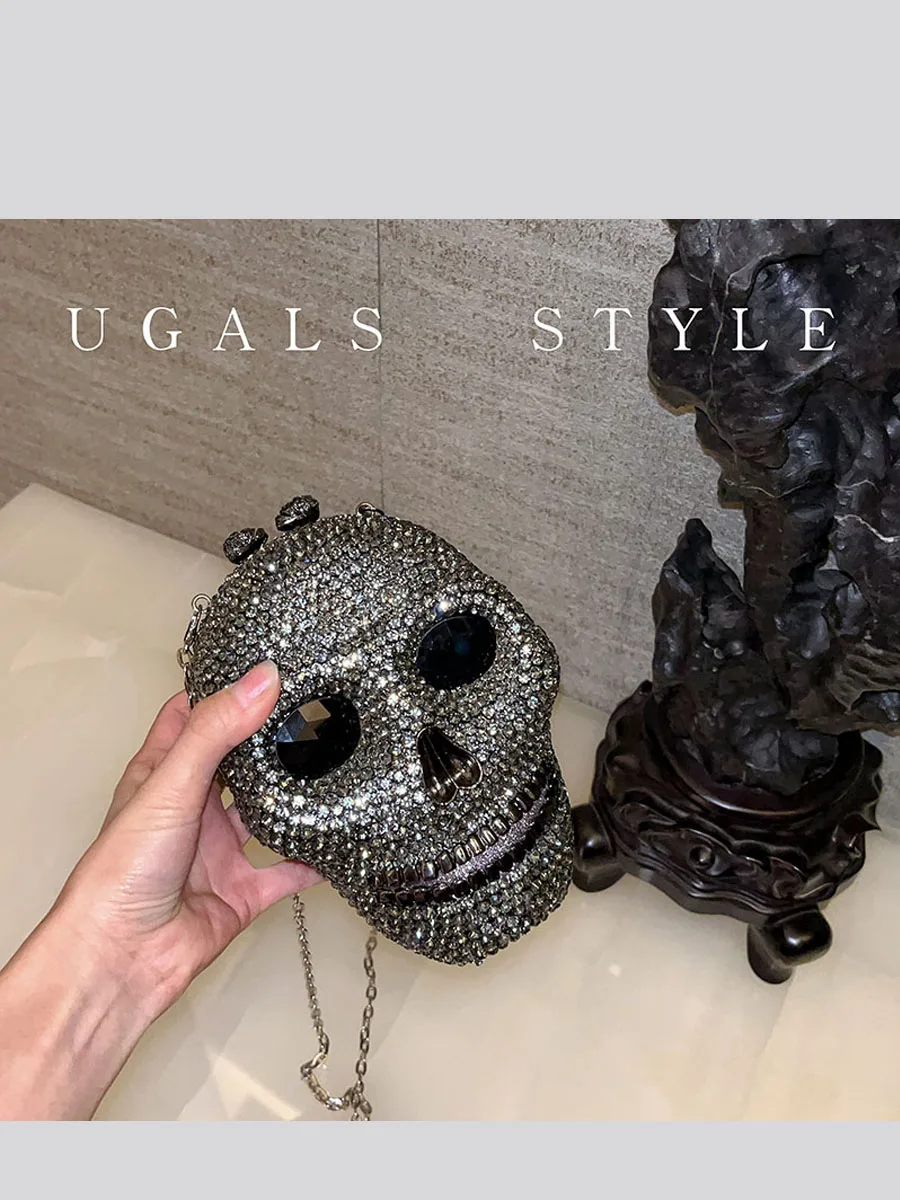 European and American Style Gothic Dark Diamond Shiny Skull Dinner Party Hand Holding A One-shoulder Crossbody Bags Babes
