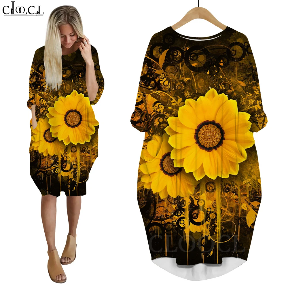 

CLOOCL Dresses Fall Outfits Women Loose Casual Dresses Magic Sunflower 3D Printing Harajuku Female Clothing Retro Dresses